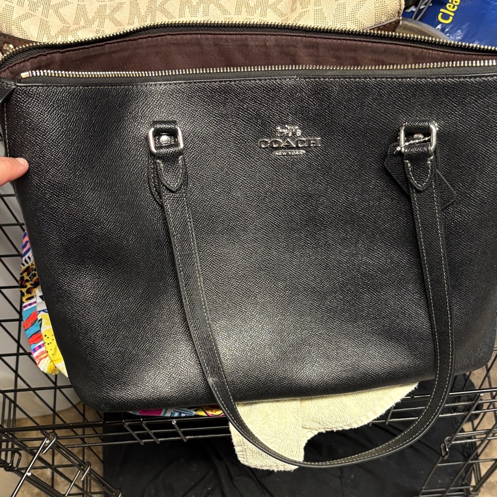 Coach Black Leather Tote with Silver Accents